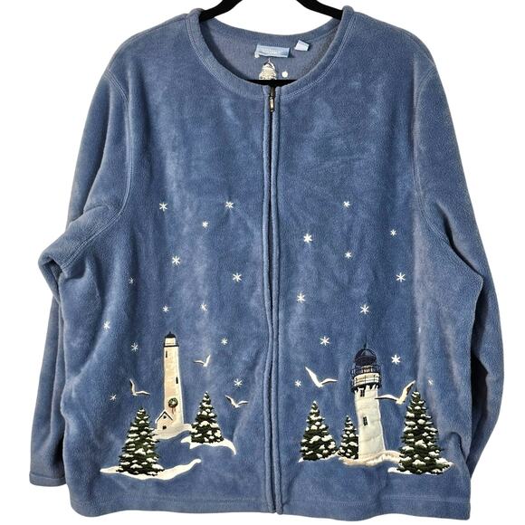 Croft & Barrow Fleece Jacket Women's 2X Blue Winter Lighthouse Embroider Zip Up - Picture 1 of 10